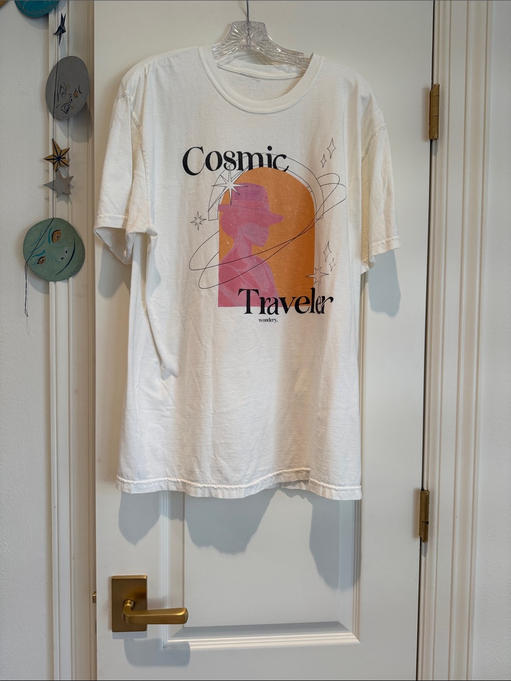 Wonderly White Tee with Pink Silhouette & Orange Arch Graphic